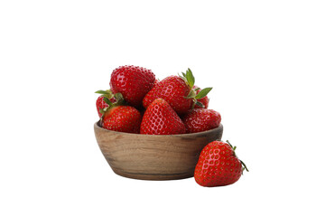 PNG, strawberries in wooden bowl, isolated on white background
