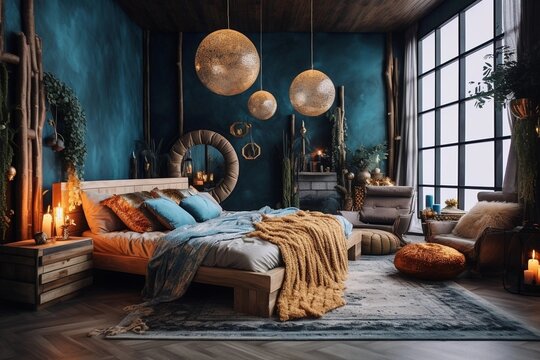 Bohemian or eclectic interior design of modern bedroom