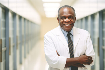 Fototapeta na wymiar Portrait of smiling old black male doctor standing with arms crossed in hospital corridor
