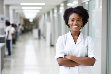 Portrait of smiling young black female doctor standing with arms crossed in hospital corridor