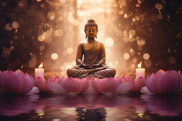 glowing buddha statue in meditation pose with a big lotus