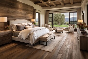 Interior design of modern bedroom in attic with wooden beams 