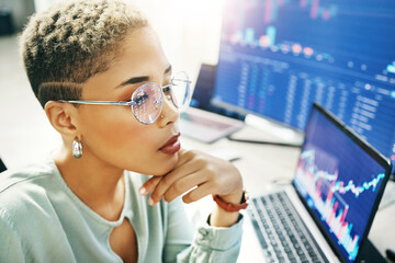 Computer, trading and face of professional woman reading fintech company metrics, banking numbers...