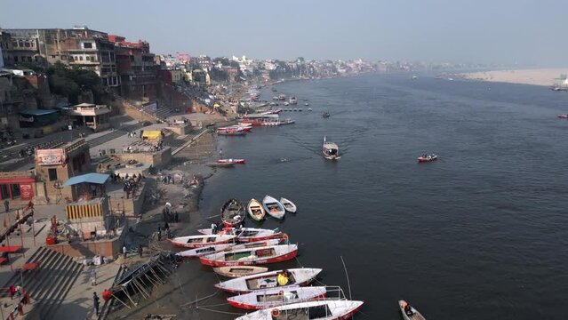Aerial view of boats on the sacred Ganges river in Varanasi, Uttar Pradesh, India.
