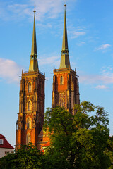Two spires of Wroclaw Cathedral or Cathedral of St. John the Baptist in old historical downtown,...