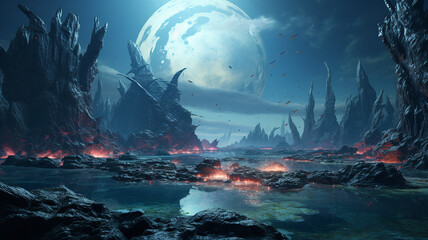 Fantasy landscape with a volcano on the background of a full moon.