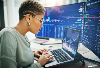 Laptop, investment graphs and business woman reading IPO analytics, financial bank chart or...