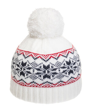 Knitted winter bobble hat with nordic geometric ornament