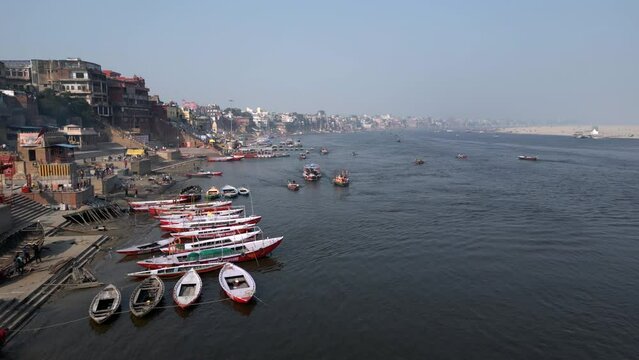 Aerial view of boats on the sacred Ganges river in Varanasi, Uttar Pradesh, India.	

