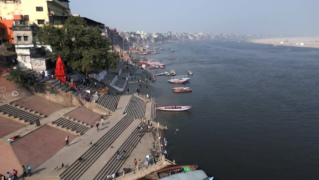 Aerial view of the Varanasi ghats on the banks of the sacred Ganges river in Varanasi, Uttar Pradesh, India.	
