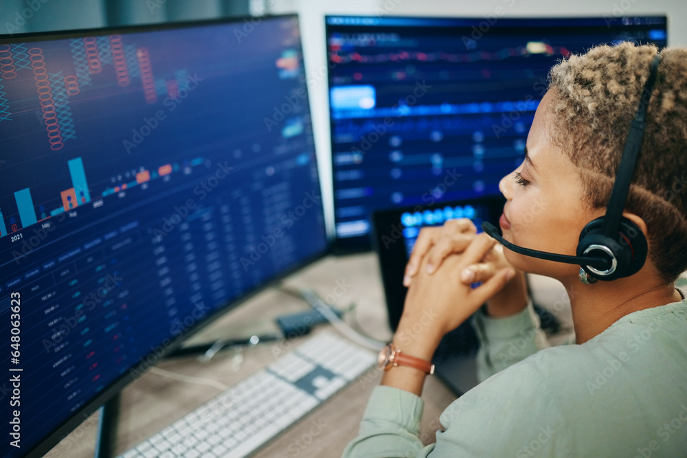 Poster Business, computer screen and woman with investment, headphones and connection with data analysis. Person, programmer and investor with headset, pc and network with website information and internet