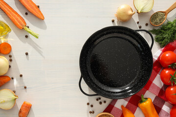 A pan for cooking on the table, with ingredients.