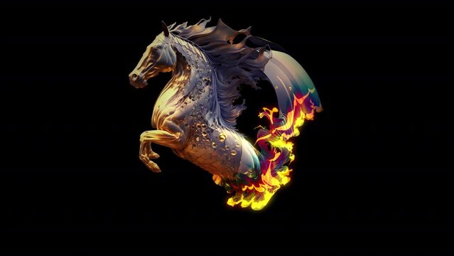 Animated Transition From Fire To A Golden Cup With A Picture Of A Horse. Animation on the theme of signs and emblems, images and icons, icons and symbols, fantasy and fairy tales.