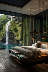 Resort mirror wall with waterfall view, bedroom