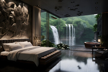 Resort mirror wall with waterfall view, bedroom