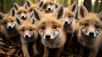  a group of foxes standing next to each other in a forest.  generative ai