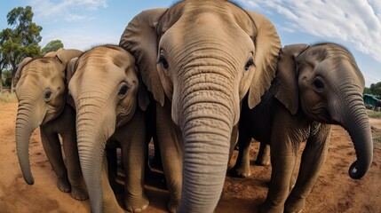  a herd of elephants standing on top of a dirt field.  generative ai