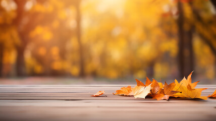 Naklejka na ściany i meble Empty plank of blurred autumn garden with beautiful natural autumn background.
