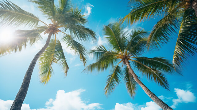Blue sky and palm trees view from below tropical beach.