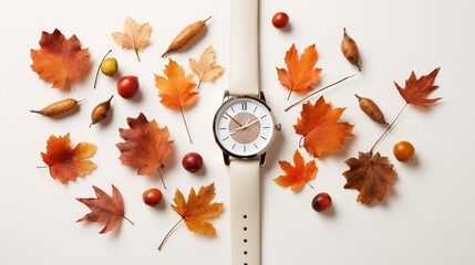  a white watch surrounded by autumn leaves and cherries on a white surface.  generative ai