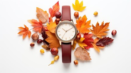  a watch surrounded by autumn leaves and acorns on a white background.  generative ai