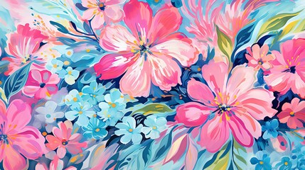  a painting of pink and blue flowers on a blue background.  generative ai