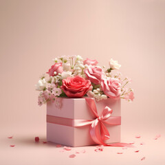 Beautiful flowers are placed on a gift box in a lovely shade of pink.