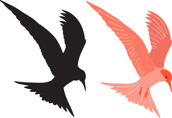 bird flying in flat style with silhouette on white background, vector