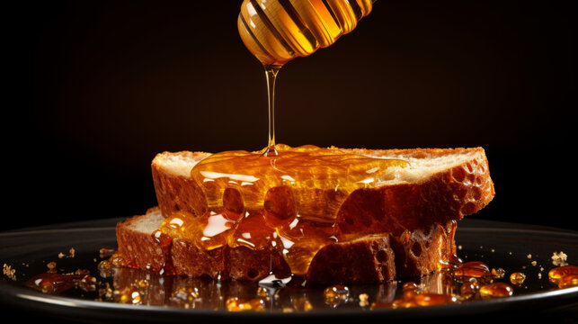 Pouring fresh honey on bread slices