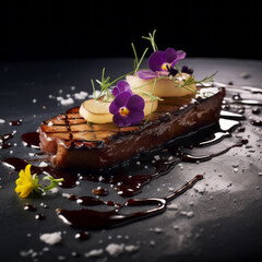 Foie gras, a pate decorated with edible flowers and micro greenery.