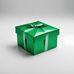 Green box with a gift in a minimalist style on a white background, close up