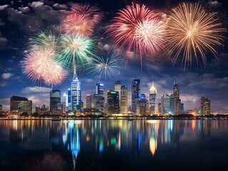 Fireworks lighting up the night sky over an iconic city skyline - generative a.i.