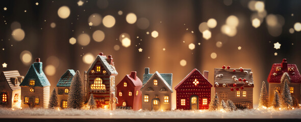 Christmas miniature villiage wonderland with lights festive background, christmas decoration - obrazy, fototapety, plakaty