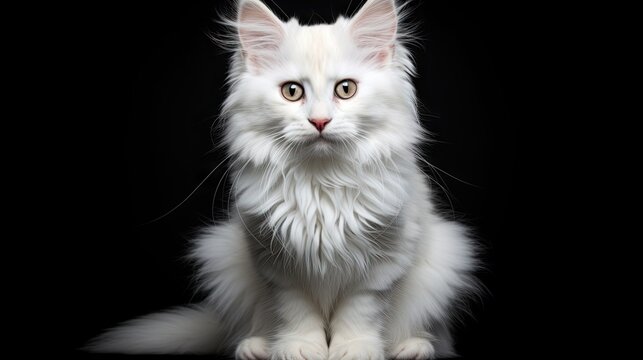 a white cat sitting on top of a black floor next to a black background.  generative ai