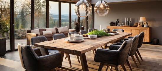 Fototapeta na wymiar Scandinavian Modern Living Room with Handcrafted Wood Dining Set