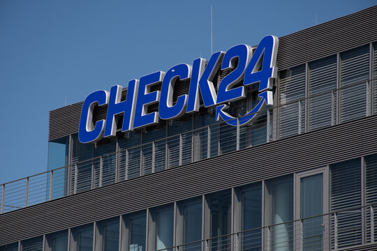 Munich, Germany - April 23, 2021: Check24 sign at the German comparison shopping website's headquarters.