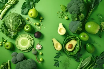 Poster Fresh green vegetables and fruits on green background. Top view. Flat lay. Generative AI © Yaroslav