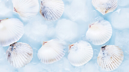 Raw fresh scallops on ice cubes. Seafood background. Generative AI