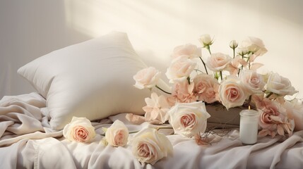  a bunch of flowers on a bed with a pillow and a vase.  generative ai