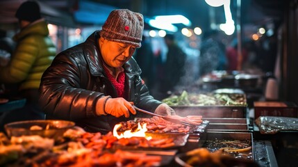 A urban street food vendor in seoul at night