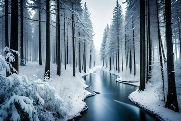 snow covered trees with ice at the bank of the river and lake are falling from both corner and middle of the ice 