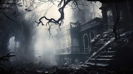 Obraz na płótnie Canvas Haunted mansion covered with fog, night scene. Creepy house covered with vines. Halloween concept. Generative AI