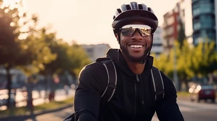 Poster Representation of a upbeat grinning man dressed in cycling dress head protector and shades riding a bike on the black-top outoftown bike way Dynamic lively individuals concept picture © Elchin Abilov