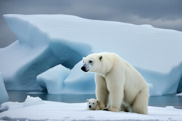 Polar bear with her child on melting ice. Concept of global warming of the planet. Climate change. Digital image