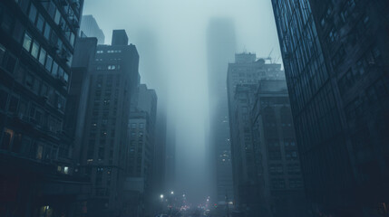 dark and moody city streets with skyscrapers with fog - 648072630