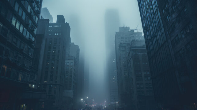 Fototapeta dark and moody city streets with skyscrapers with fog
