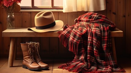  a plaid blanket, hat, boots and vase of flowers on a table.  generative ai