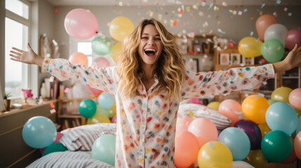 Happy woman dancing at home on her birthday in her pajamas, surrounded by a sea of colorful balloons, room is filled with laughter and the joy of party celebration