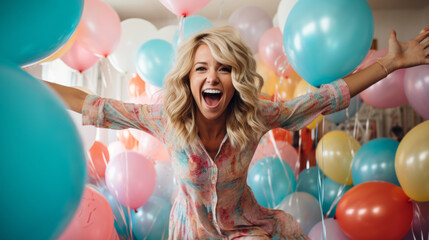 Happy woman dancing at home on her birthday in her pajamas, surrounded by a sea of colorful balloons, room is filled with laughter and the joy of party celebration