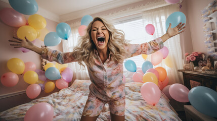 Happy woman dancing at home on her birthday in her pajamas, surrounded by a sea of colorful balloons, room is filled with laughter and the joy of party celebration - obrazy, fototapety, plakaty